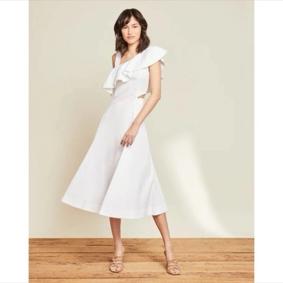 803 Veronica Beard Beilla One-Shoulder Ruffled Midi Dress Size 16 Color White - Picture 1 of 8